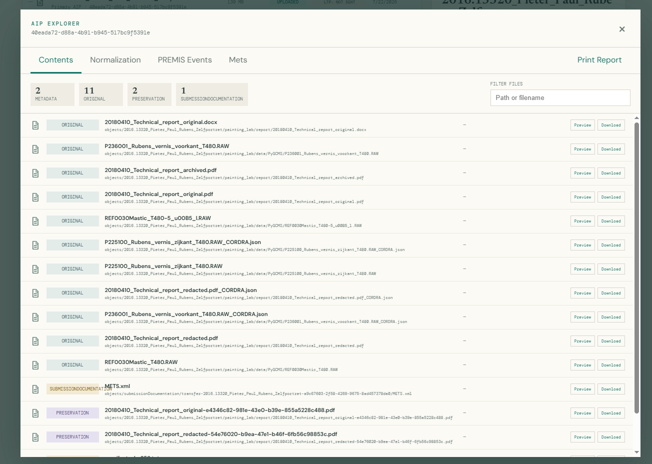 AIP explorer showing CORDRA JSON metadata alongside individual research files