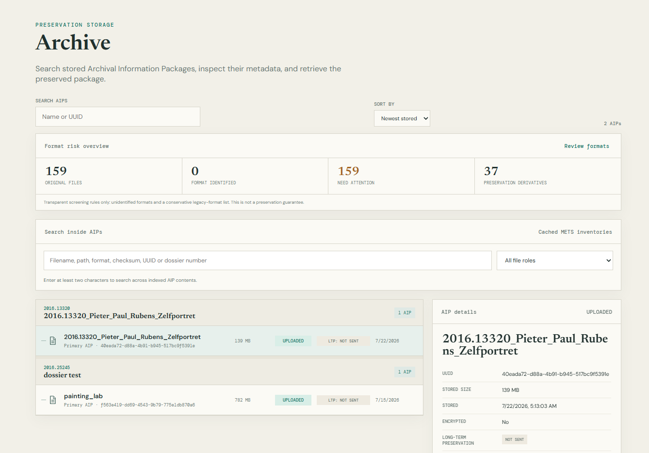 Archive view listing AIPs by dossier with search controls and selected package details