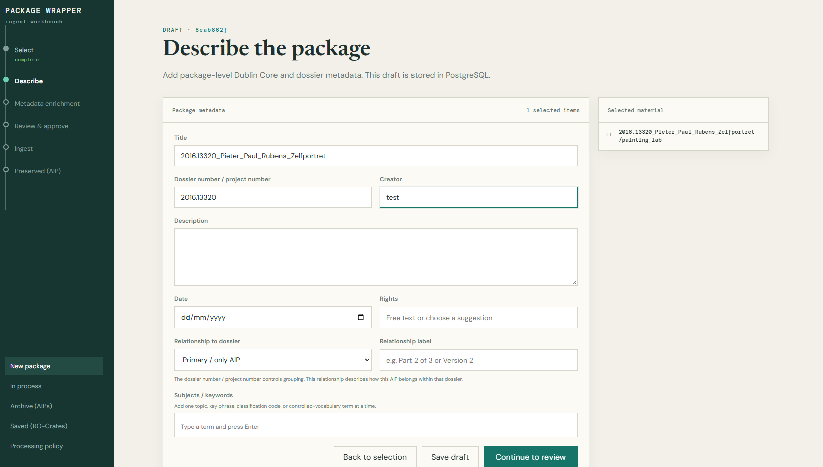 Package description form with dossier number, creator, rights and relationship fields