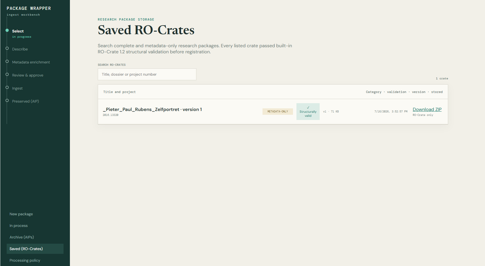 RO-Crate extension mockup showing a saved metadata-only research package