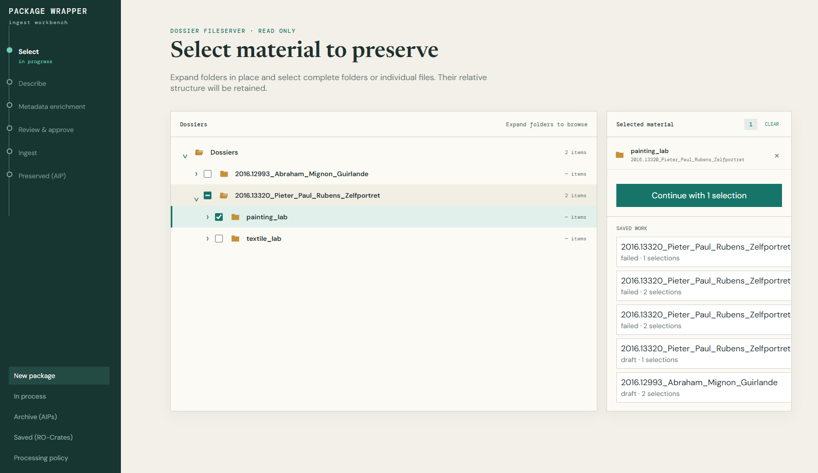 Archive Wrapper interface for selecting dossier folders and files